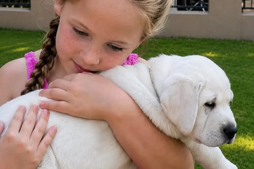 young girl holding yellow lab puppy